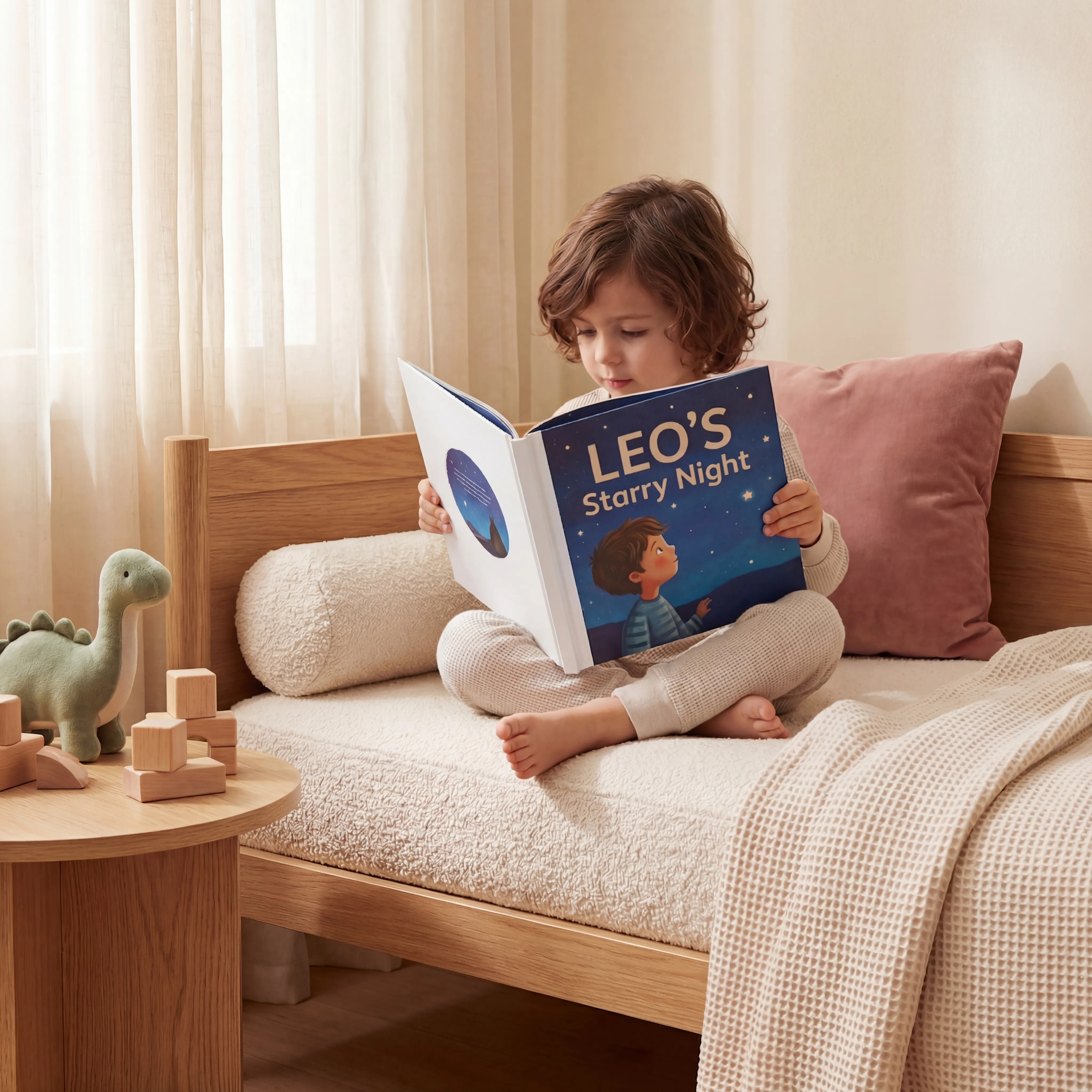 Young boy reading a personalized children's book on a cozy daybed